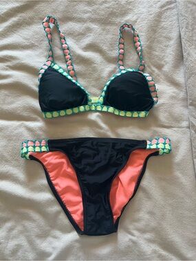 Xhilaration Coral Bikini Top with Teal Crochet and Lime Accents